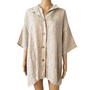 Itemz Chris Baumgartner Women’s OSFM Beige Oatmeal Button Down 100% Linen Shirt